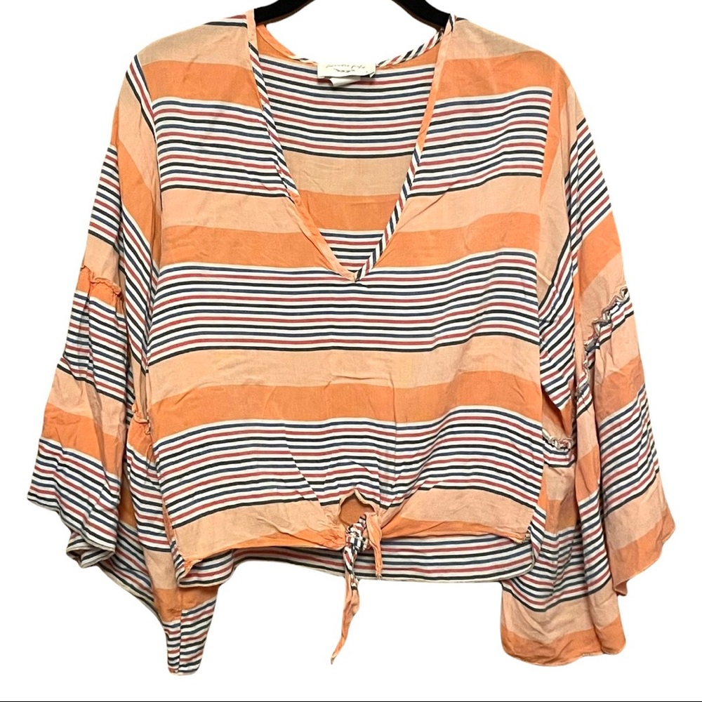 Lavender Field Striped Bell Sleeve Front Tie Boho Crop Top size Small